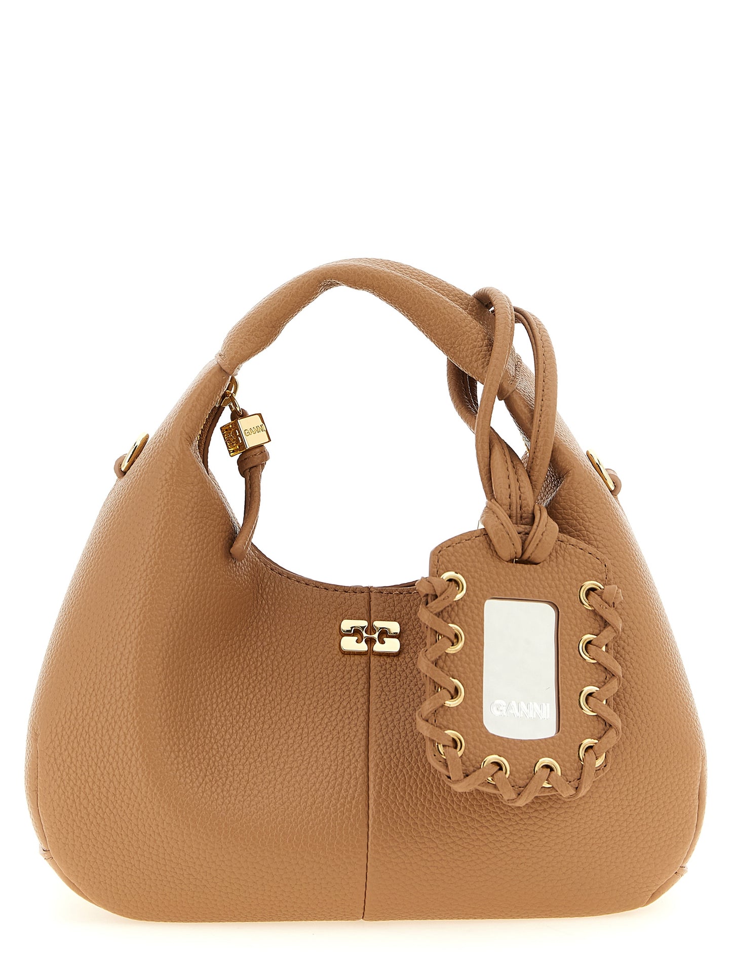 Ganni Faux Leather Mini Hobo Handbag - Beige Gold