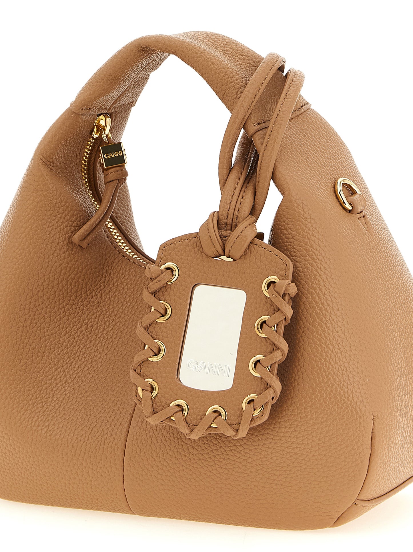 Ganni Faux Leather Mini Hobo Handbag - Beige Gold