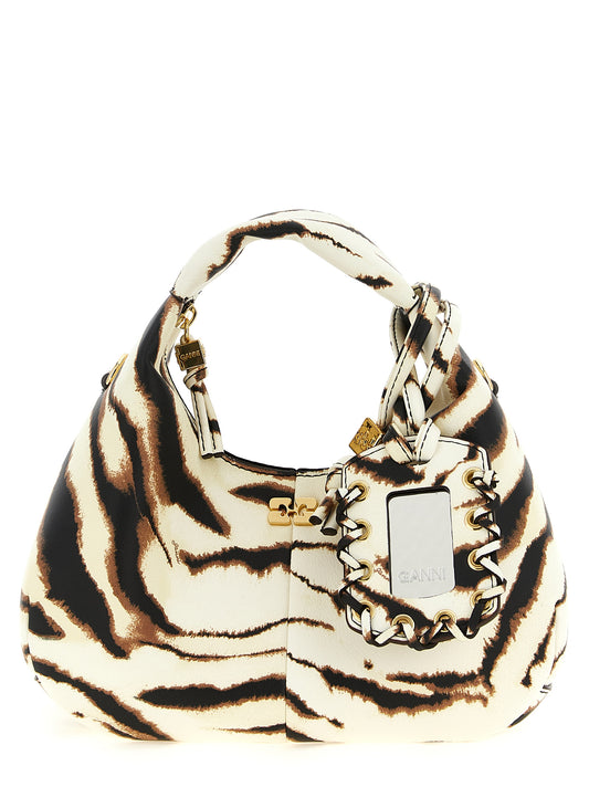 Mini Hobo Handbag by Ganni for women in polyester & polyurethane gold, multicolor, zebra, patterned & print features an refined silhouette, showcasing a secure , ample , and versatile shoulder-strap & detachable-strap for a sophisticated refined aesthetic.