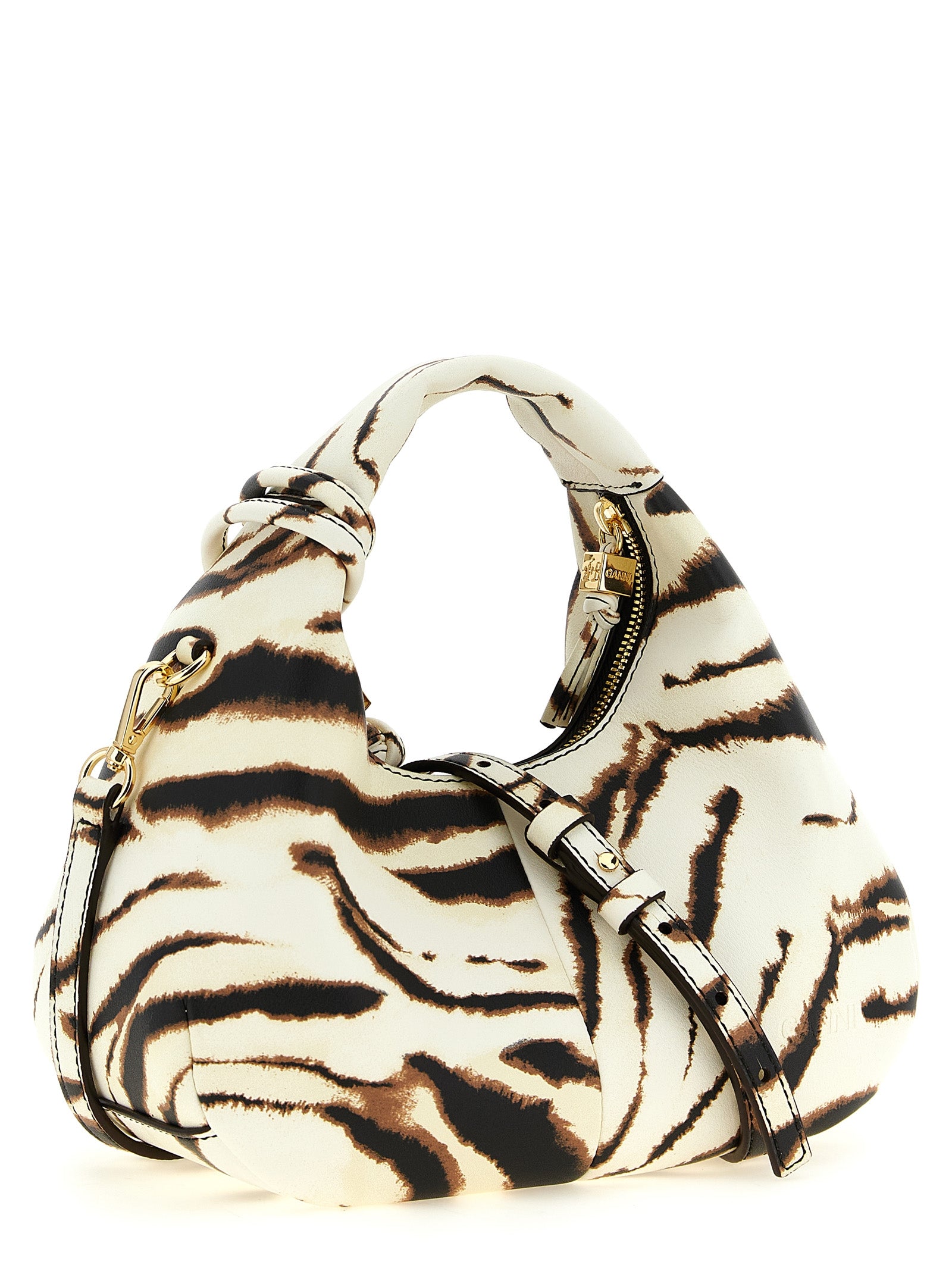 This Mini Hobo Handbag by Ganni for women in polyester & polyurethane and gold, multicolor, zebra, patterned & print presents a sculptural silhouette featuring a secure , ample , and versatile shoulder-strap & detachable-strap for a sculptural finish.