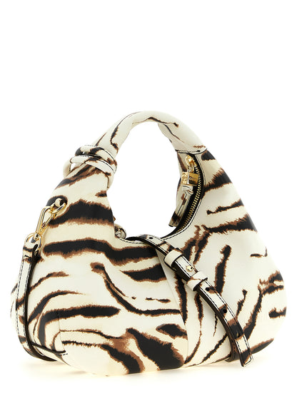 This Mini Hobo Handbag by Ganni for women in polyester & polyurethane and gold, multicolor, zebra, patterned & print presents a sculptural silhouette featuring a secure , ample , and versatile shoulder-strap & detachable-strap for a sculptural finish.