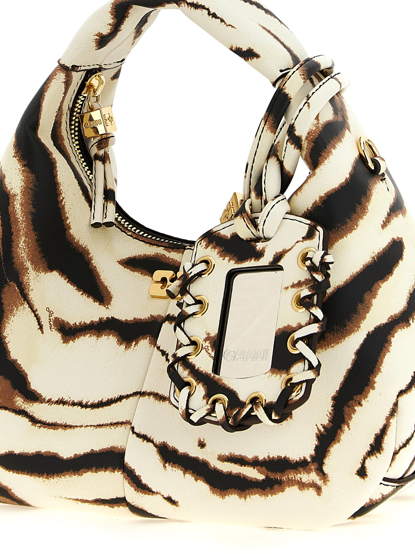 Mini Hobo Handbag by Ganni for women in polyester & polyurethane gold, multicolor, zebra, patterned & print features a signature silhouette, showcasing a secure and signature with versatile shoulder-strap & detachable-strap for a sophisticated look.