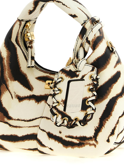 Mini Hobo Handbag by Ganni for women in polyester & polyurethane gold, multicolor, zebra, patterned & print features a signature silhouette, showcasing a secure and signature with versatile shoulder-strap & detachable-strap for a sophisticated look.