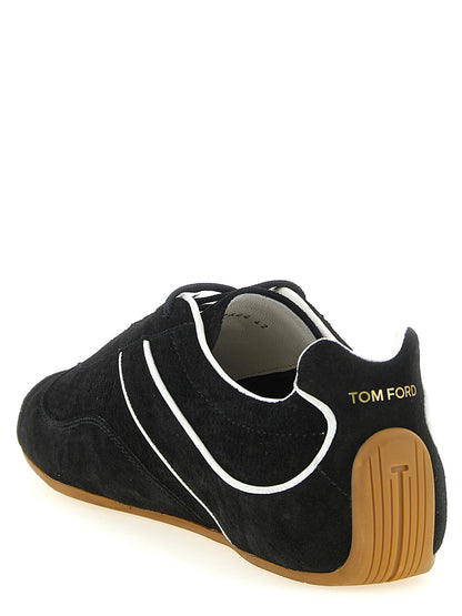 Sneakers by Tom Ford for men in suede calfskin leather & polyester bicolour, black & white presents a sumptuous silhouette, artfully capturing the essence of the Men's Fashion Suede Calfskin Leather & Polyester Sneakers with its sumptuous fashion style design.