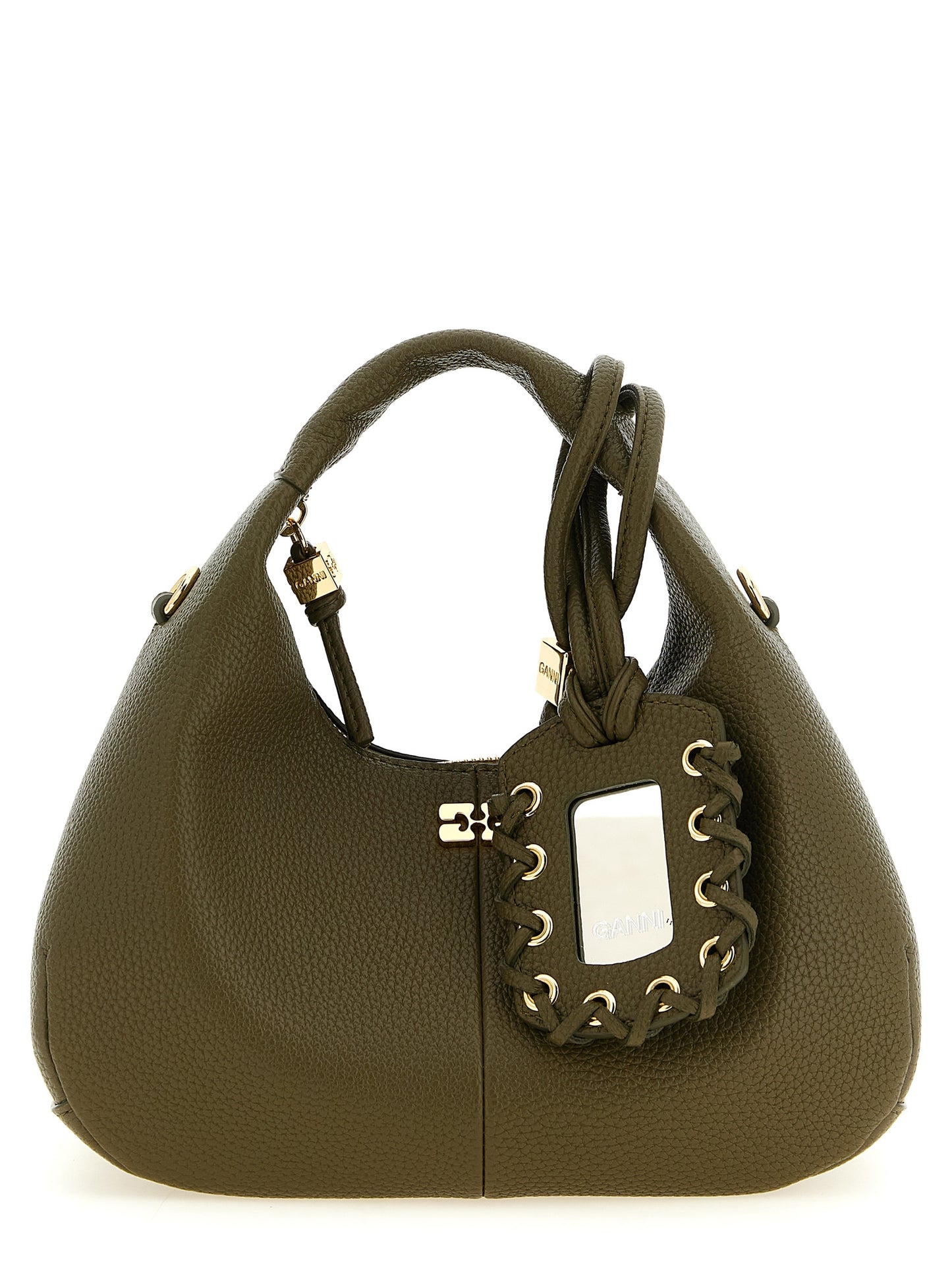 This Mini Hobo Handbag by Ganni for women in polyester polyurethane faux leather and bicolour, gold, green & signature presents a sculptural silhouette featuring a secure zipper, ample , and versatile handle & adjustable-strap for a sculptural finish.