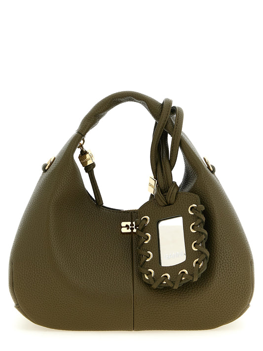 This Mini Hobo Handbag by Ganni for women in polyester polyurethane faux leather and bicolour, gold, green & signature presents a sculptural silhouette featuring a secure zipper, ample , and versatile handle & adjustable-strap for a sculptural finish.