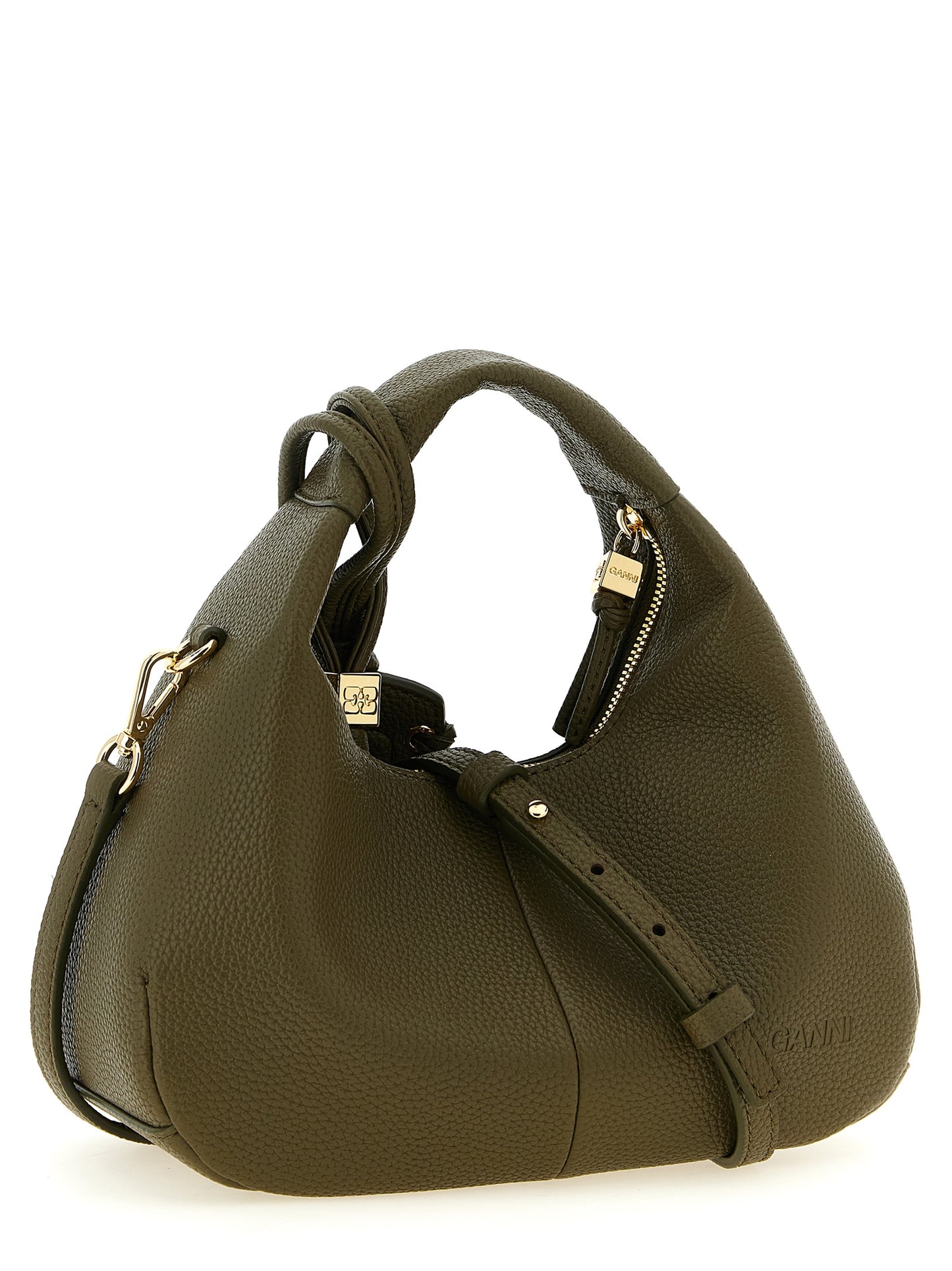 Mini Hobo Handbag by Ganni for women in polyester polyurethane faux leather bicolour, gold, green & signature presents a ornamental silhouette, showcasing a secure zipper, ample , and versatile handle & adjustable-strap for a ornamental finish.