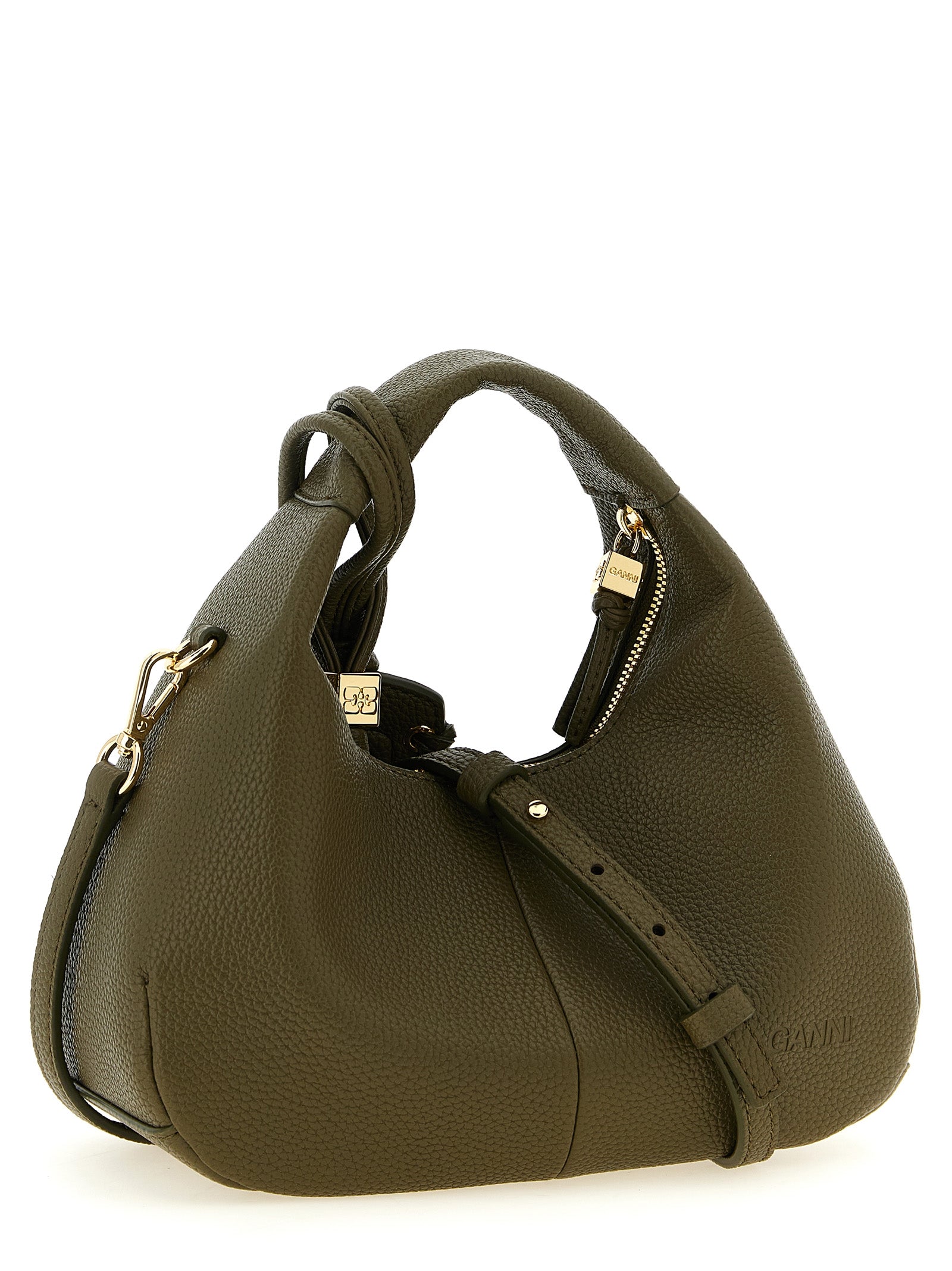 Mini Hobo Handbag by Ganni for women in polyester polyurethane faux leather bicolour, gold, green & signature presents a ornamental silhouette, showcasing a secure zipper, ample , and versatile handle & adjustable-strap for a ornamental finish.