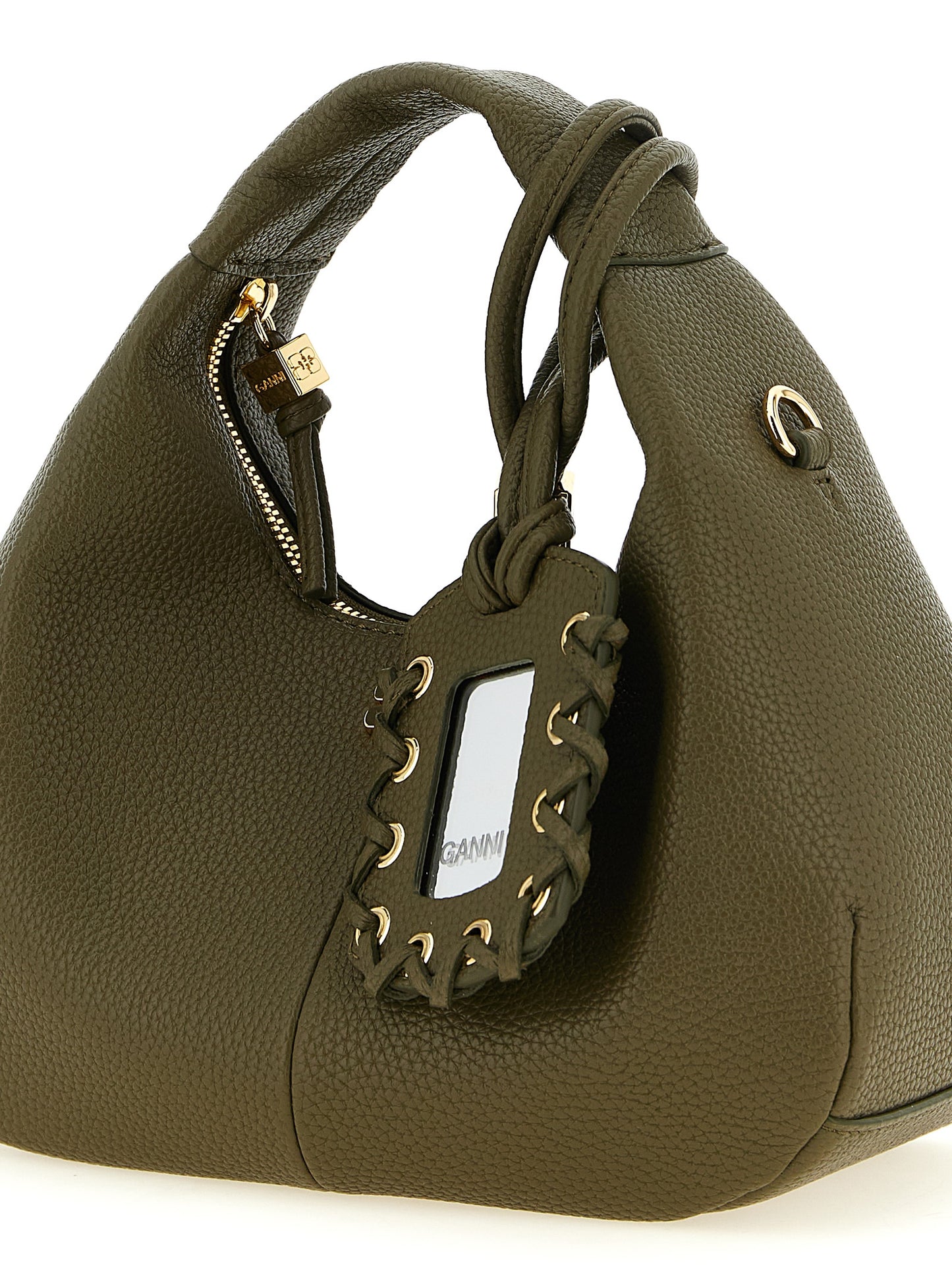 Mini Hobo Handbag by Ganni for women in polyester polyurethane faux leather bicolour, gold, green & signature features a signature silhouette, showcasing a secure zipper and signature with versatile handle & adjustable-strap for a sophisticated look.