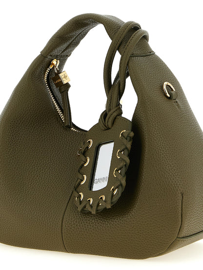 Mini Hobo Handbag by Ganni for women in polyester polyurethane faux leather bicolour, gold, green & signature features a signature silhouette, showcasing a secure zipper and signature with versatile handle & adjustable-strap for a sophisticated look.