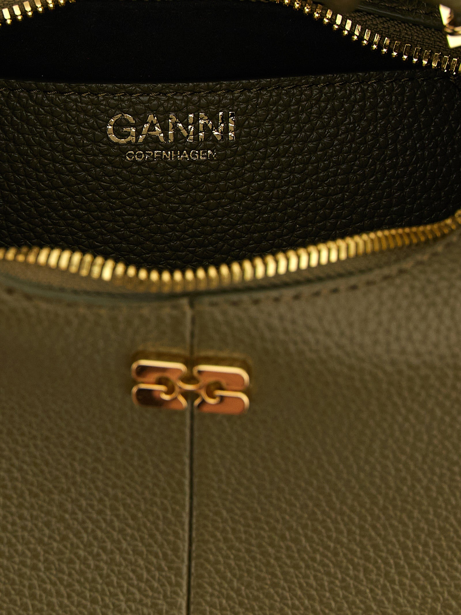 Mini Hobo Handbag by Ganni for women in polyester polyurethane faux leather bicolour, gold, green & signature features a exquisite silhouette, showcasing a secure zipper and exquisite with versatile handle & adjustable-strap for a exquisite finish.
