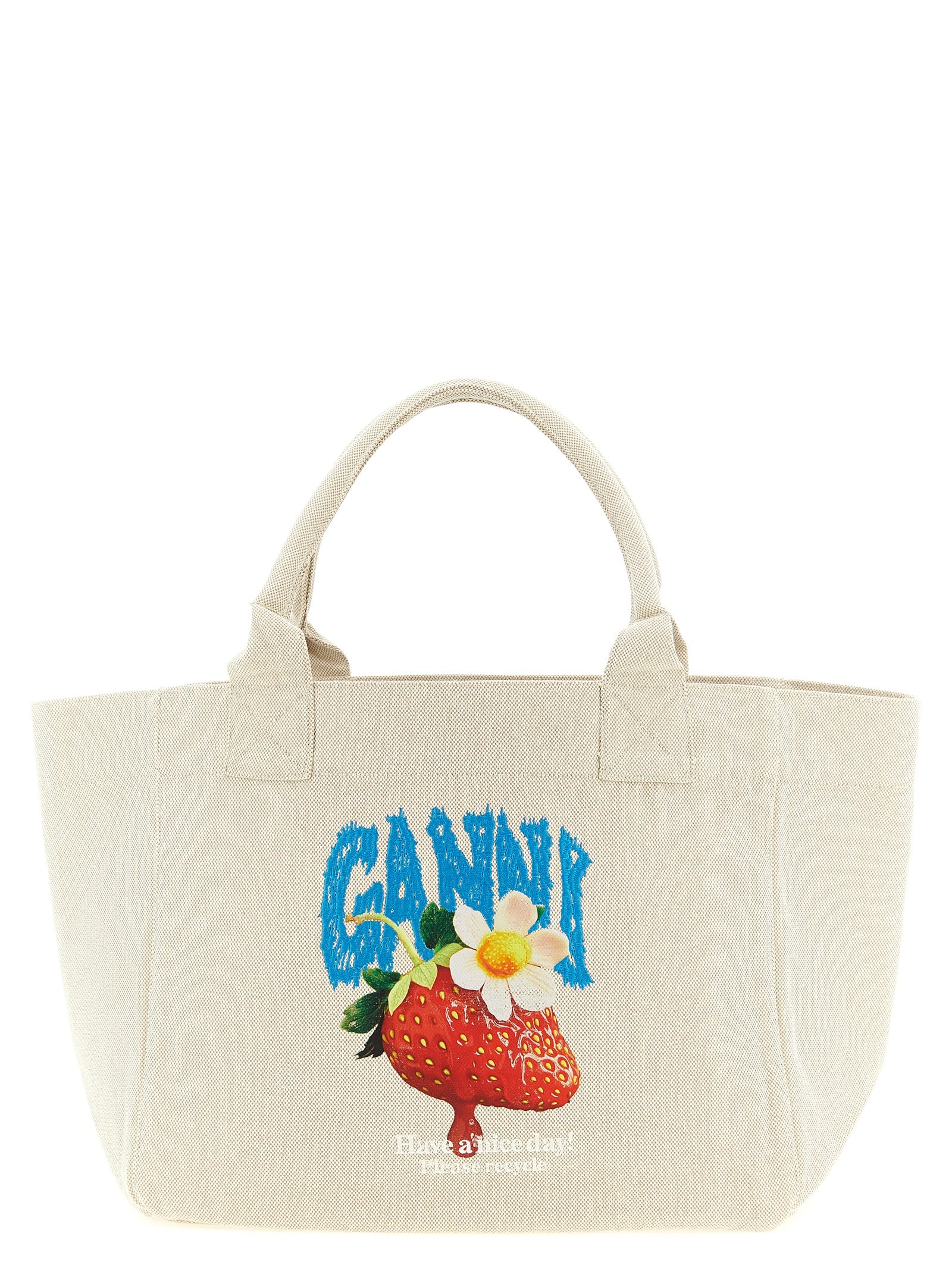 Medium Shopper Tote Bag by Ganni for women in cotton canvas beige features a urban sophisticate Strawberry Cotton Canvas Medium Shopper Tote Bag design with a secure , ample , and versatile handle for a urban sophisticate finish.