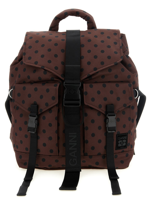 Drawstring Flap Backpack by Ganni for women in polyamide black, brown, patterned & signature showcases a urban-chic Re Tech Polyamide Drawstring Flap Backpack design, featuring a secure flap, zipper & drawstring with urban-chic external-pockets and versatile backpack-strap.