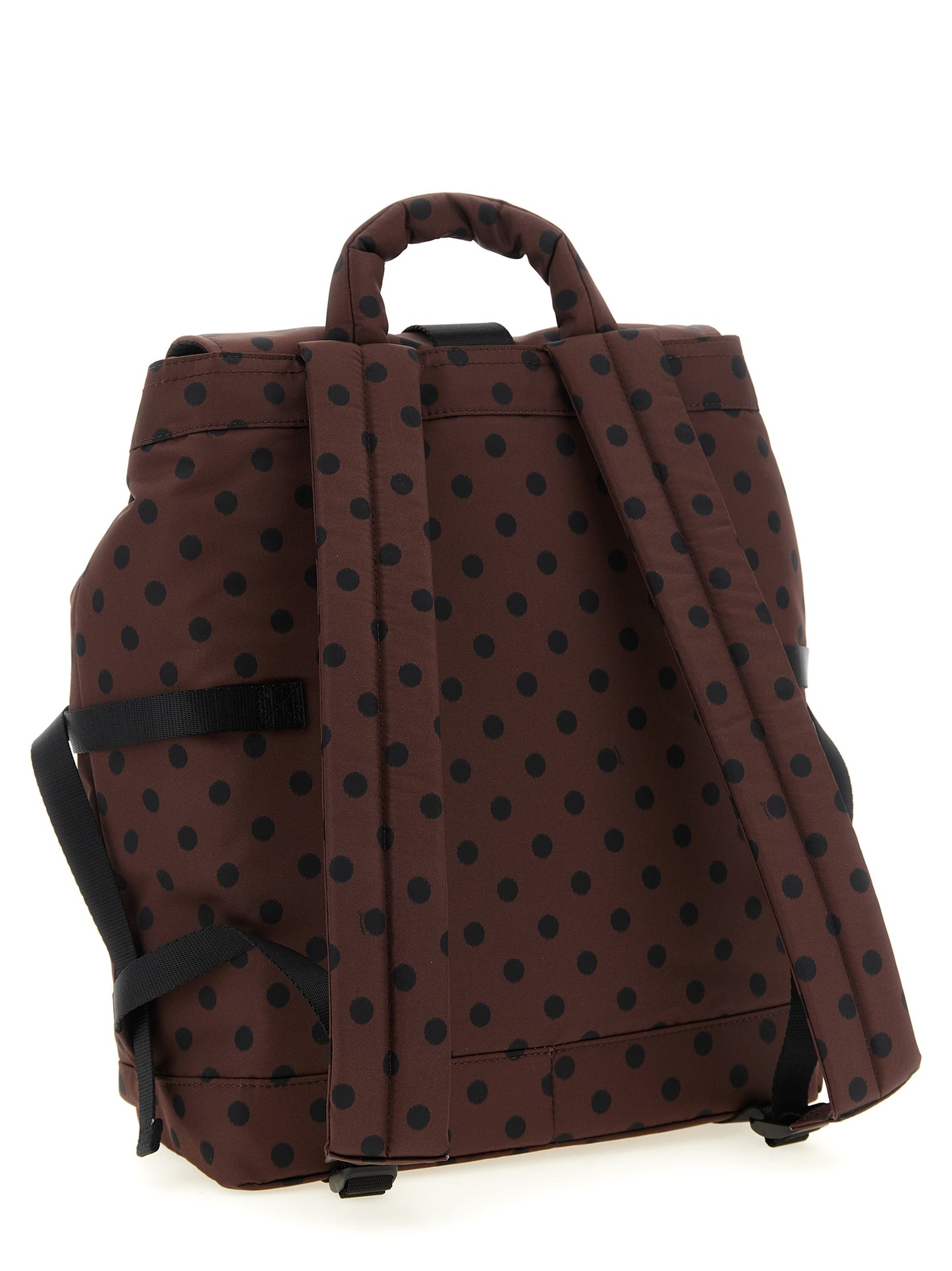 Drawstring Flap Backpack by Ganni for women in polyamide black, brown, patterned & signature features a fashionable silhouette, showcasing the Re Tech Polyamide Drawstring Flap Backpack design with a secure flap, zipper & drawstring, ample external-pockets, and versatile backpack-strap.