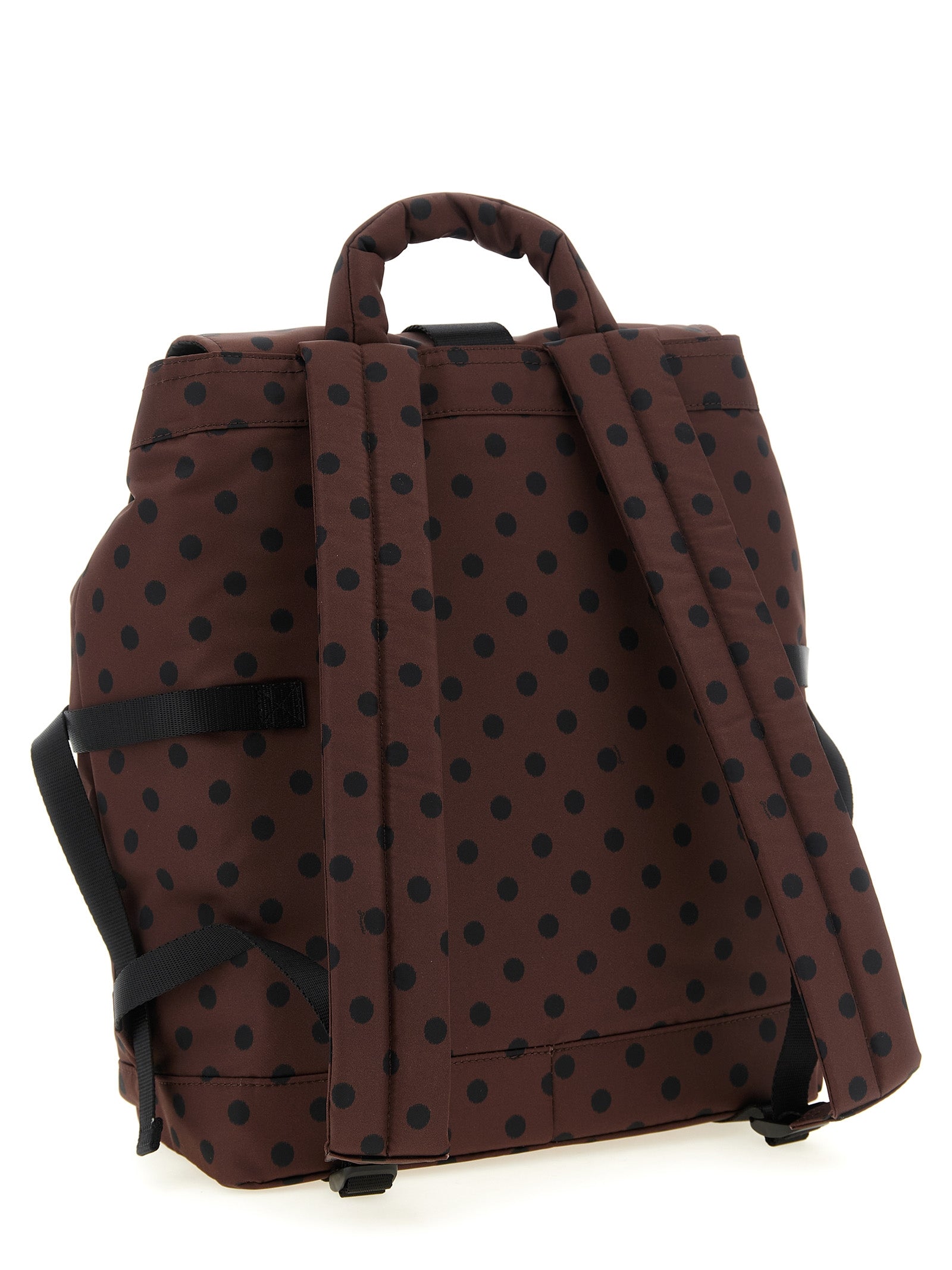 Drawstring Flap Backpack by Ganni for women in polyamide black, brown, patterned & signature features a fashionable silhouette, showcasing the Re Tech Polyamide Drawstring Flap Backpack design with a secure flap, zipper & drawstring, ample external-pockets, and versatile backpack-strap.