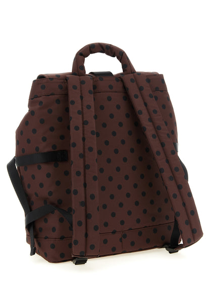 Drawstring Flap Backpack by Ganni for women in polyamide black, brown, patterned & signature features a fashionable silhouette, showcasing the Re Tech Polyamide Drawstring Flap Backpack design with a secure flap, zipper & drawstring, ample external-pockets, and versatile backpack-strap.