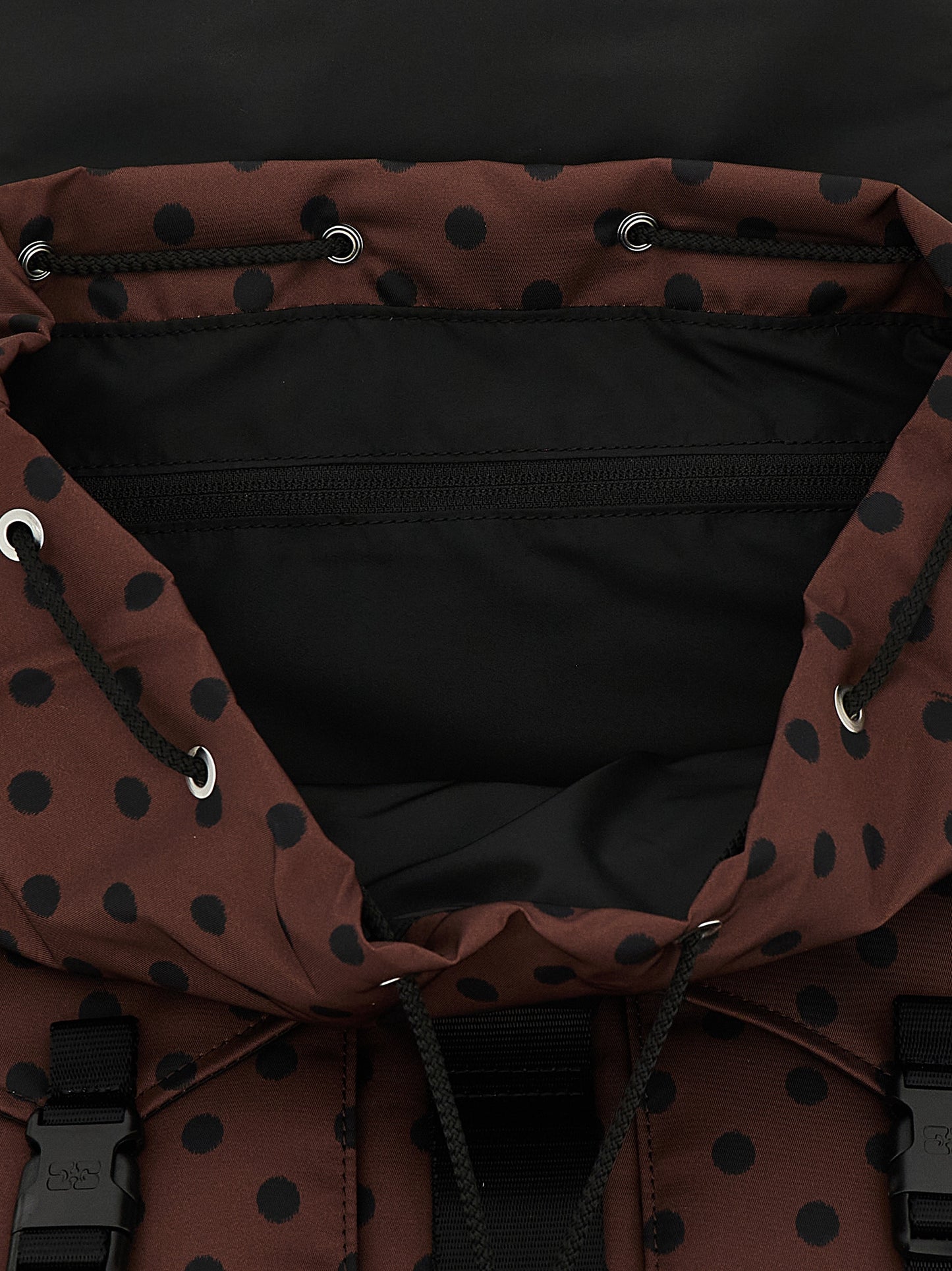 Drawstring Flap Backpack by Ganni for women in polyamide black, brown, patterned & signature presents a versatile Re Tech Polyamide Drawstring Flap Backpack design, showcasing a secure flap, zipper & drawstring with ample external-pockets and versatile backpack-strap for a versatile finish.