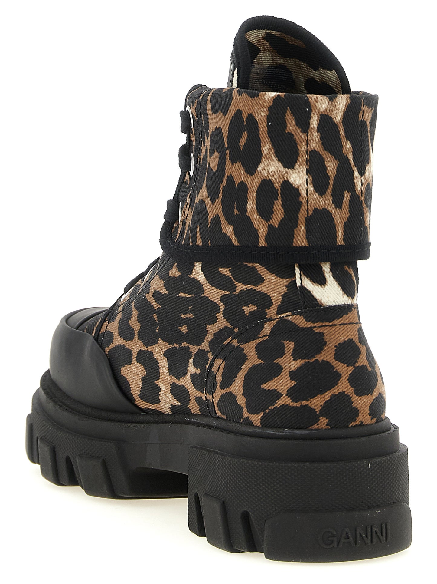 Lace-Up Ankle Boots by Ganni for women in stretch denim cotton black, multicolor, silver, leopard-print & print features an high-performance silhouette, showcasing the sophisticated design of the 9 To 5 Women's Stretch Denim Cotton Lace-Up Ankle Boots with a and a refined .