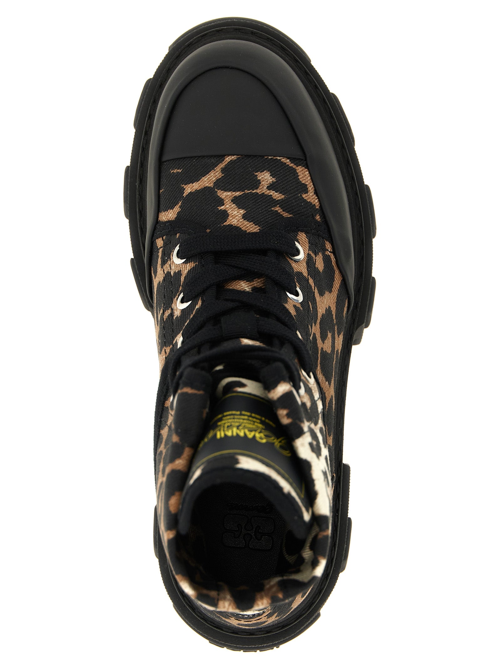 Lace-Up Ankle Boots by Ganni for women in stretch denim cotton black, multicolor, silver, leopard-print & print features an effortless chic silhouette from the 9 To 5 Women's Stretch Denim Cotton Lace-Up Ankle Boots collection, showcasing a effortless chic and refined for an effortless chic look.