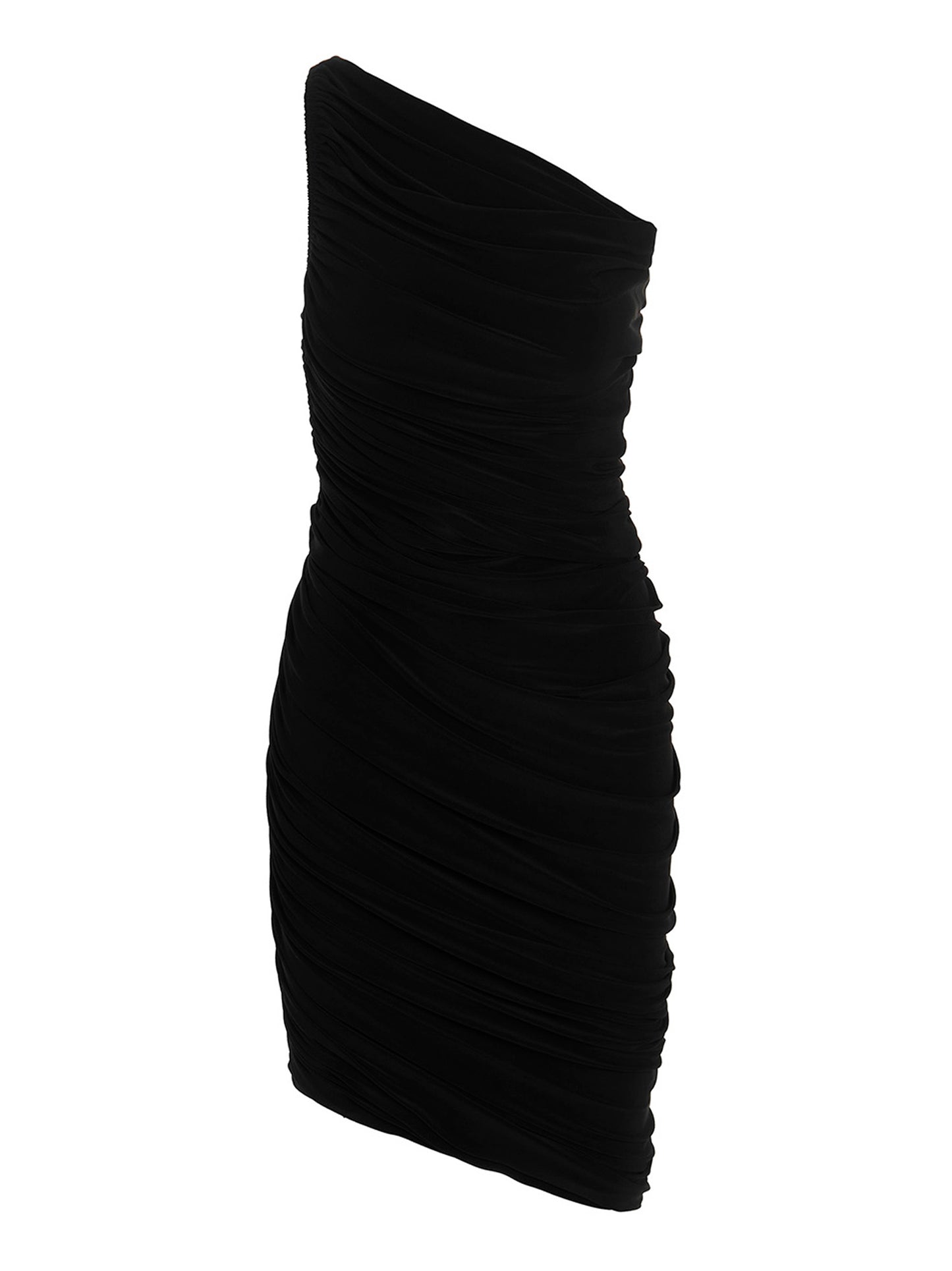 Dress by Norma Kamali for women in stretch polyester black showcases a striking silhouette, elegantly detailed with a , refined asymmetric neckline, and a striking short for a striking finish.