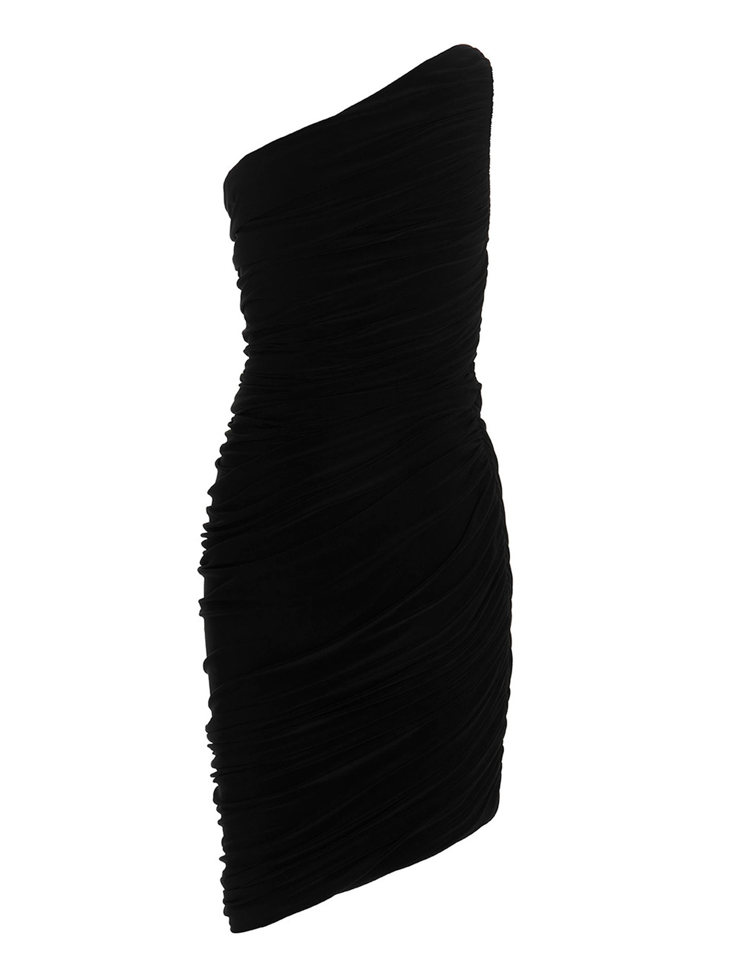 Dress by Norma Kamali for women in stretch polyester black features an eye catching silhouette with a sophisticated asymmetric neckline, elegant , and a refined short for a eye catching aesthetic.