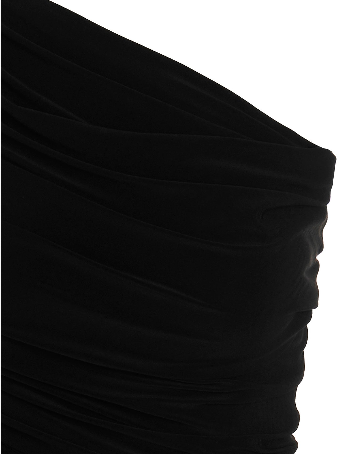 Dress by Norma Kamali for women in stretch polyester black features a dramatic silhouette, showcasing an elegant and that flows into a dramatic short.