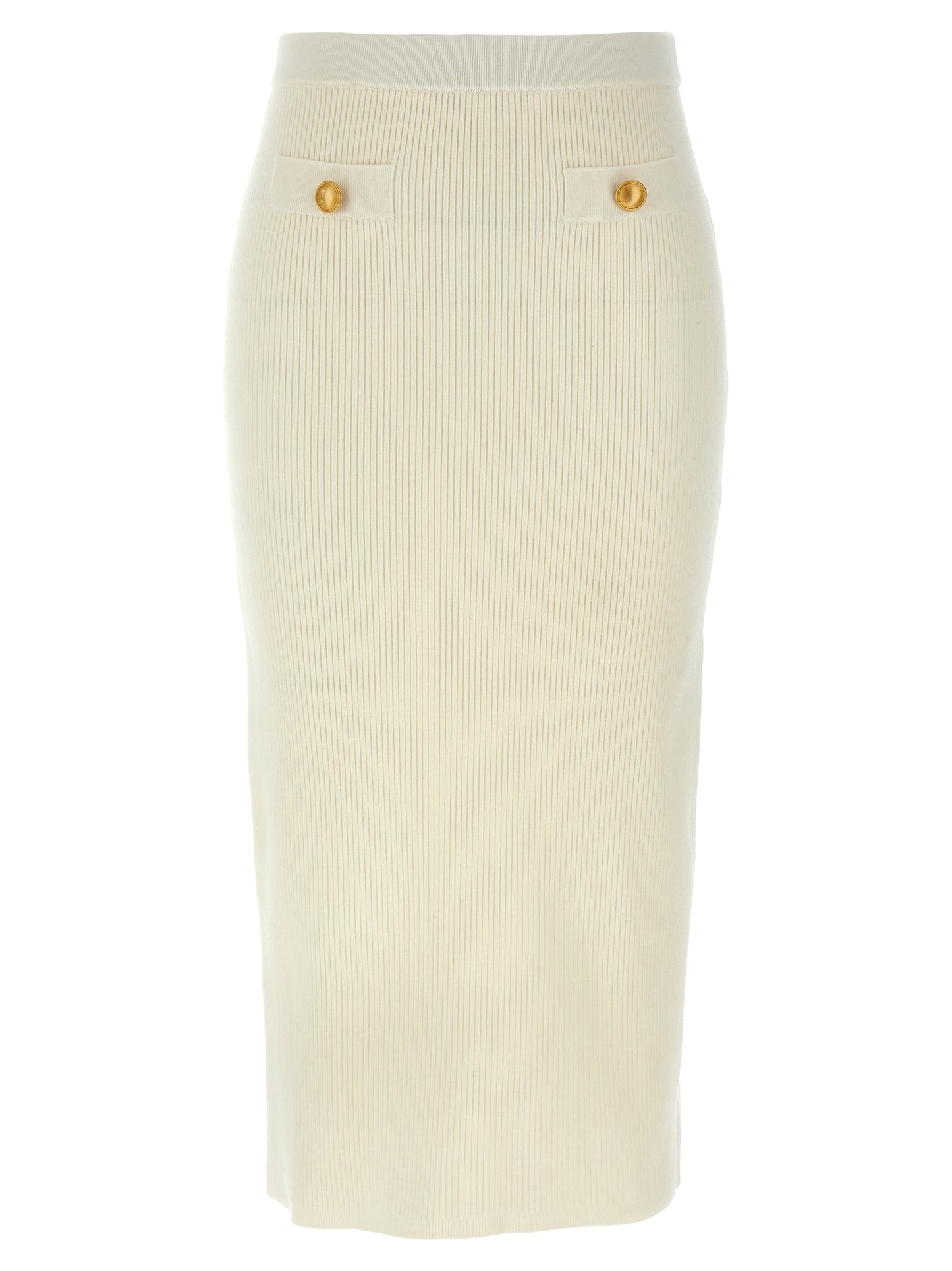 Skirt by Alessandra Rich for women in cashmere wool white showcases a sultry silhouette, elegantly defined by its midi and the sophisticated sultry design of the Women's Pencil Cashmere Wool Skirt.