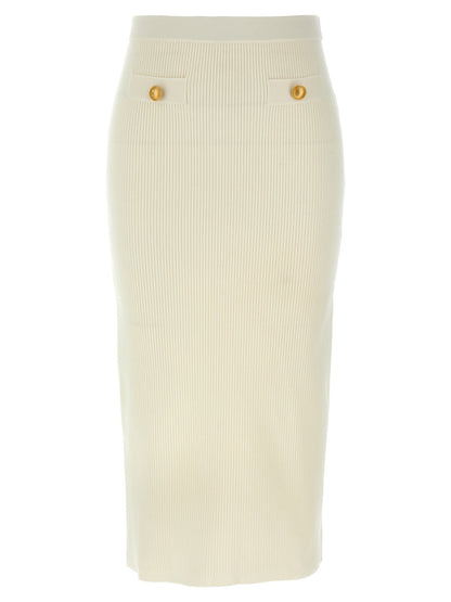 Skirt by Alessandra Rich for women in cashmere wool white showcases a sultry silhouette, elegantly defined by its midi and the sophisticated sultry design of the Women's Pencil Cashmere Wool Skirt.