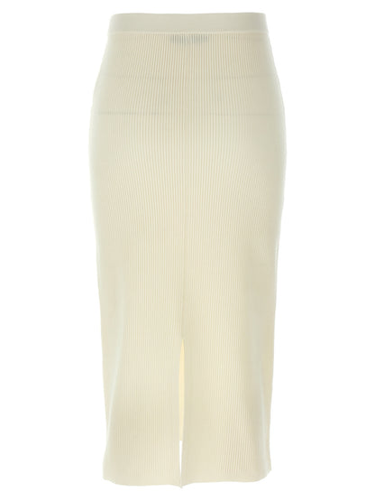 Skirt by Alessandra Rich for women in cashmere wool white features a sublime silhouette, showcasing the sublime design of the Women's Pencil Cashmere Wool Skirt in a sophisticated midi.