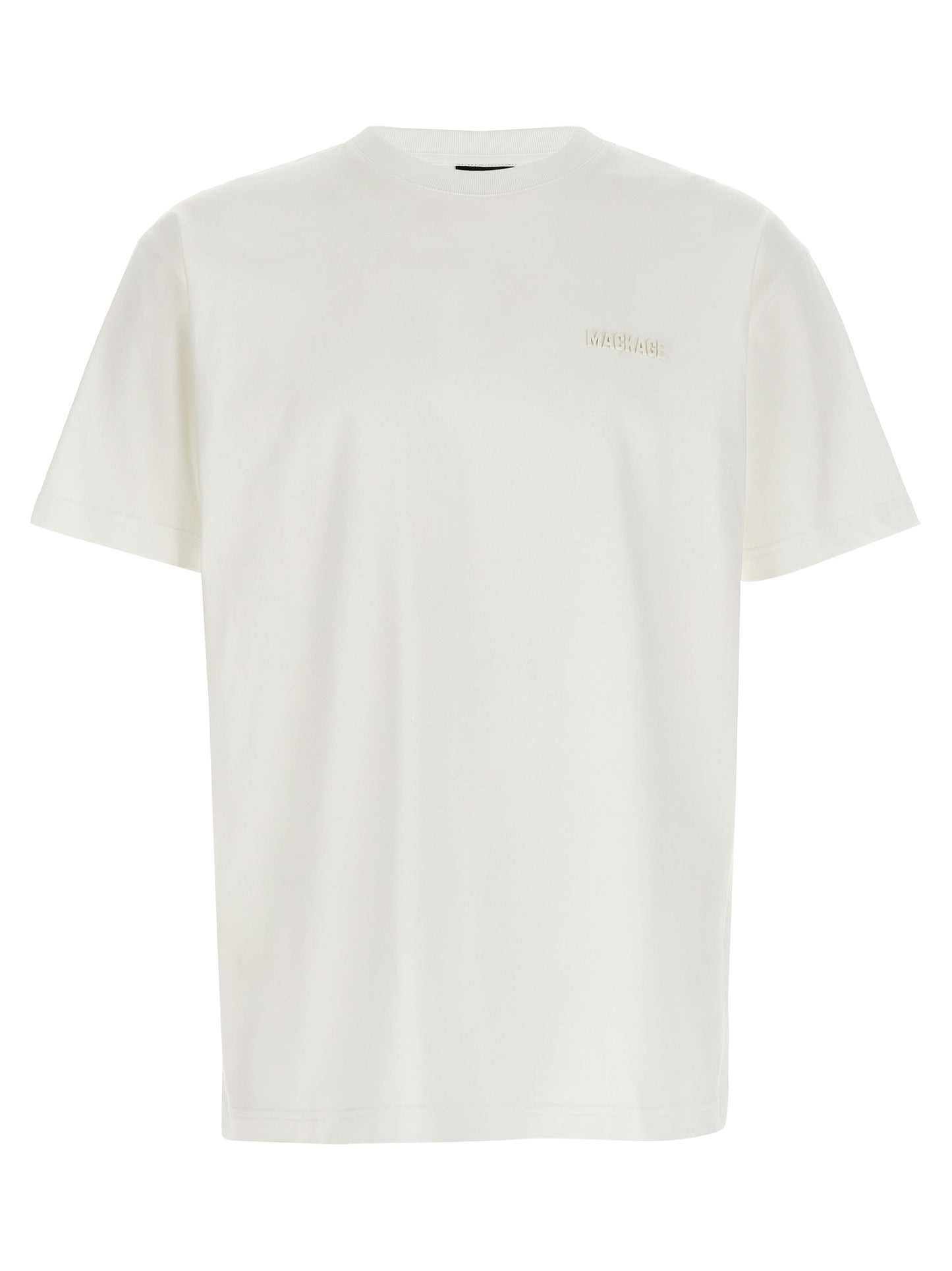 T-Shirt by Mackage for men in cotton & silicone white showcases a fashionable silhouette, elegantly detailed with a fashionable and crew neckline for a sophisticated, high-fashion look.