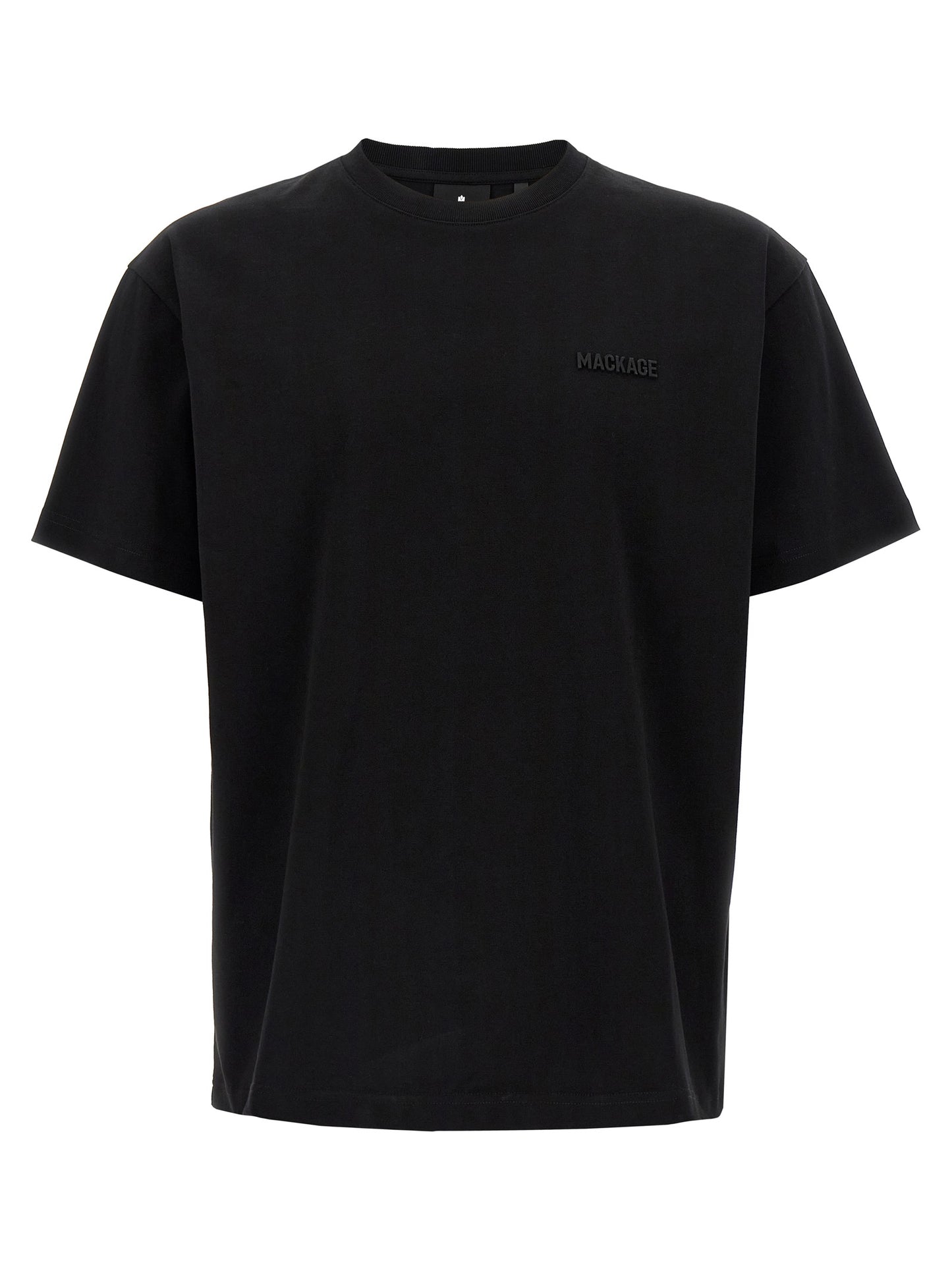 T-Shirt by Mackage for men in cotton & silicone black showcases a dramatic silhouette, elegantly detailed with a dramatic crew neckline and short-sleeve for a truly dramatic finish.