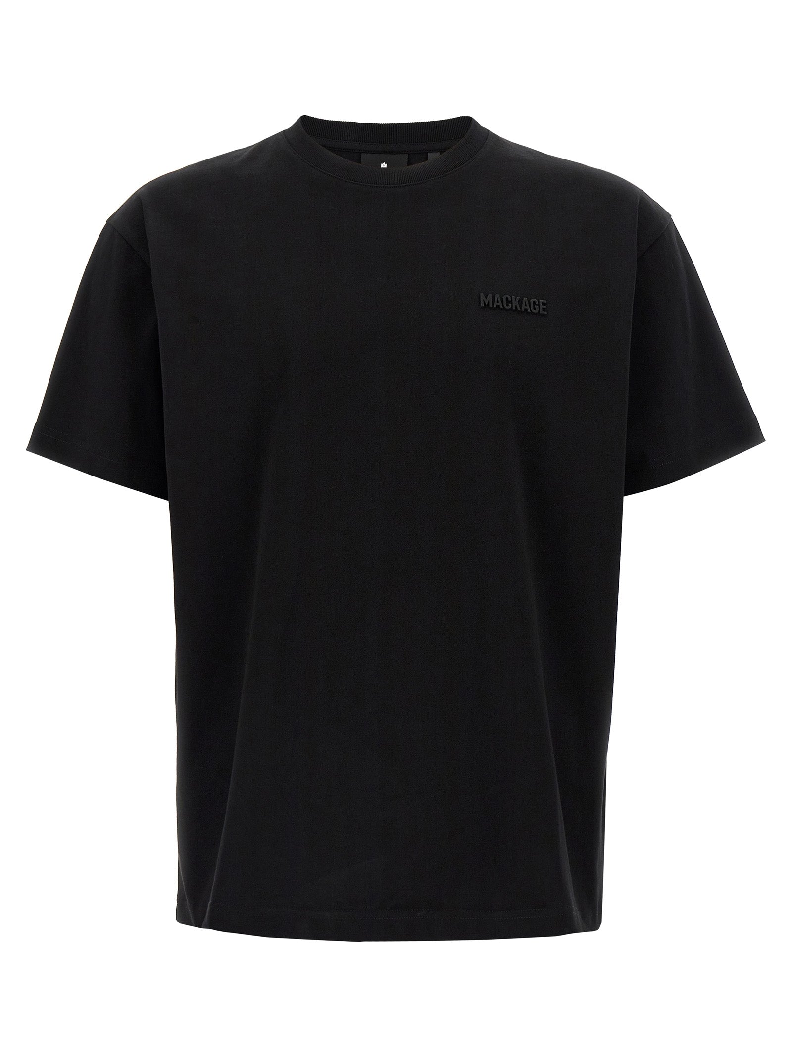T-Shirt by Mackage for men in cotton & silicone black showcases a dramatic silhouette, elegantly detailed with a dramatic crew neckline and short-sleeve for a truly dramatic finish.