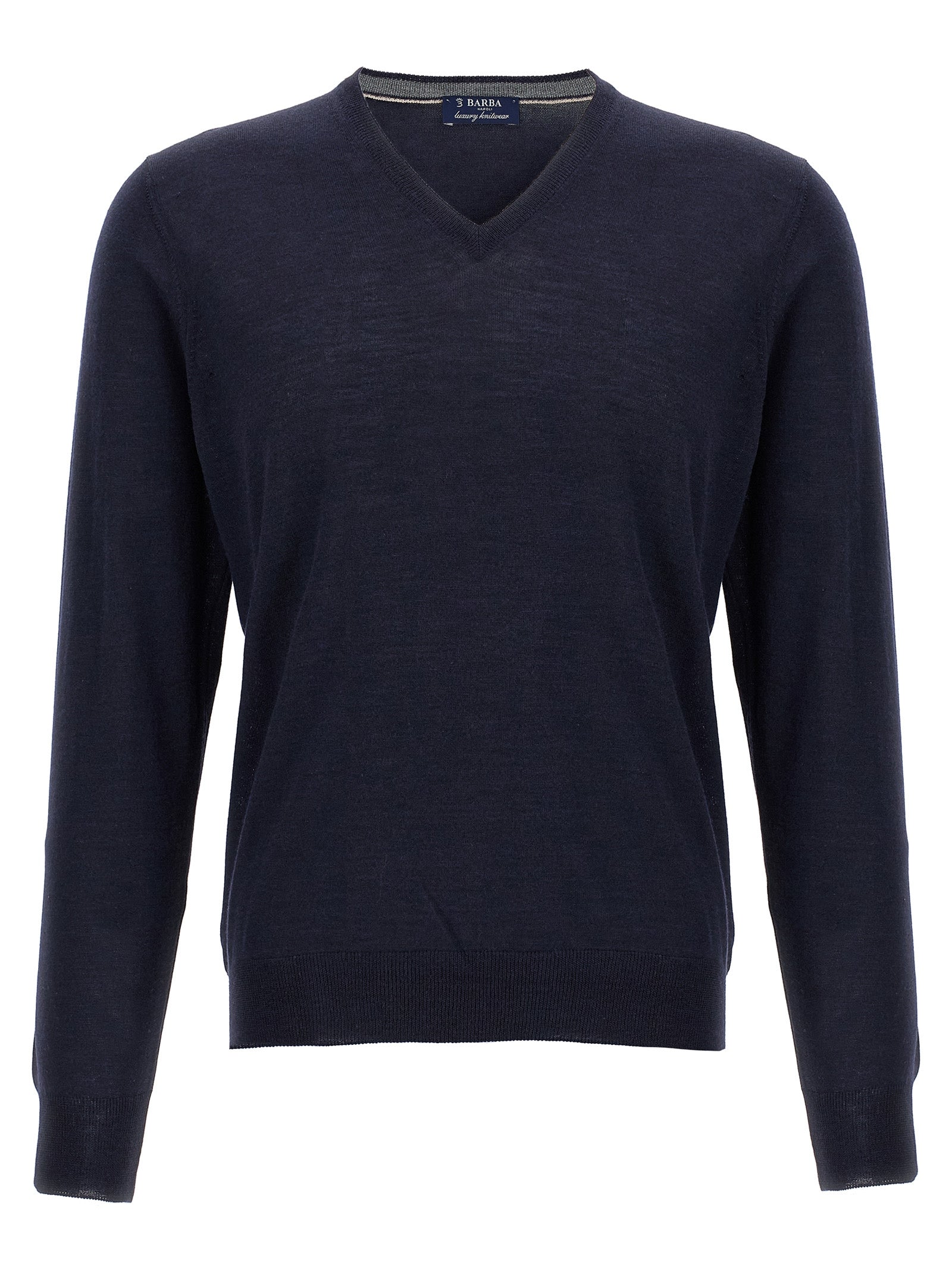 Cardigan by Barba Napoli for men in wool & silk blue features a dramatic silhouette, showcasing a sophisticated v-neck neckline and dramatic detail for a timeless, premium look.