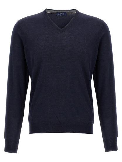 Cardigan by Barba Napoli for men in wool & silk blue features a dramatic silhouette, showcasing a sophisticated v-neck neckline and dramatic detail for a timeless, premium look.