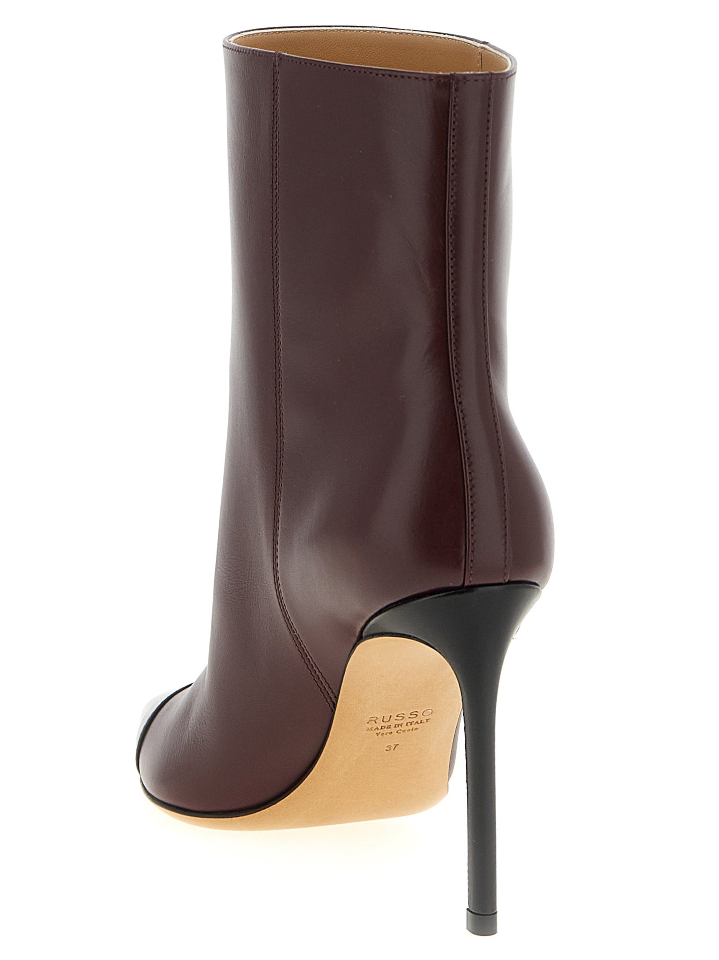 Stiletto Ankle Boots by Francesco Russo for women in goatskin leather bordeaux features an enchanting design from the Women's Goatskin Leather Stiletto Ankle Boots collection, highlighting a enchanting stiletto and pointed toe style for a refined look.