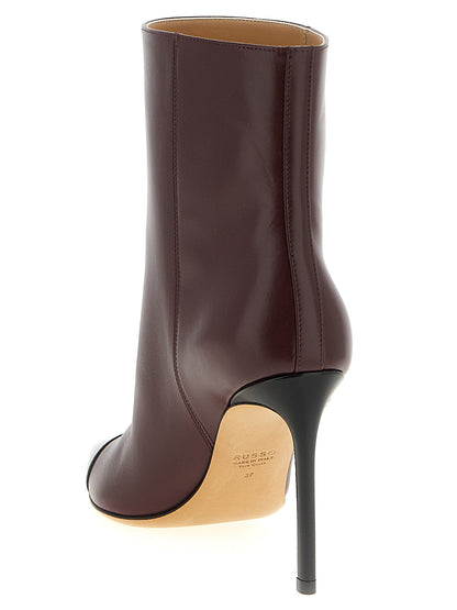 Stiletto Ankle Boots by Francesco Russo for women in goatskin leather bordeaux features an enchanting design from the Women's Goatskin Leather Stiletto Ankle Boots collection, highlighting a enchanting stiletto and pointed toe style for a refined look.