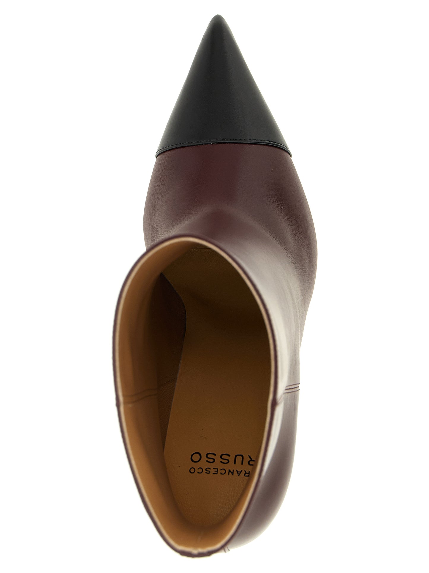 Stiletto Ankle Boots by Francesco Russo for women in goatskin leather bordeaux features an effortless chic silhouette from the Women's Goatskin Leather Stiletto Ankle Boots collection, showcasing a effortless chic stiletto and refined pointed toe style for an effortless chic look.