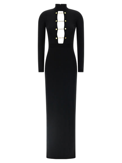Dress by Elisabetta Franchi for women in viscose & polyamide black & red features an sultry silhouette defined by a split high-neck tube neckline and , falling to an sultry maxi long for a sultry look.