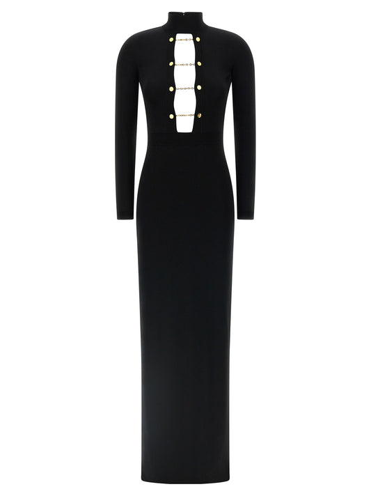Dress by Elisabetta Franchi for women in viscose & polyamide black & red features an sultry silhouette defined by a split high-neck tube neckline and , falling to an sultry maxi long for a sultry look.