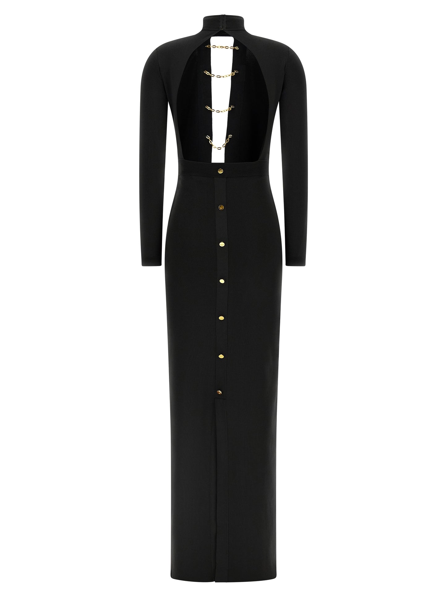 Dress by Elisabetta Franchi for women in viscose & polyamide black & red presents a sinuous silhouette, showcasing a sophisticated split high-neck tube neckline and detailed with a sinuous maxi long for a refined finish.