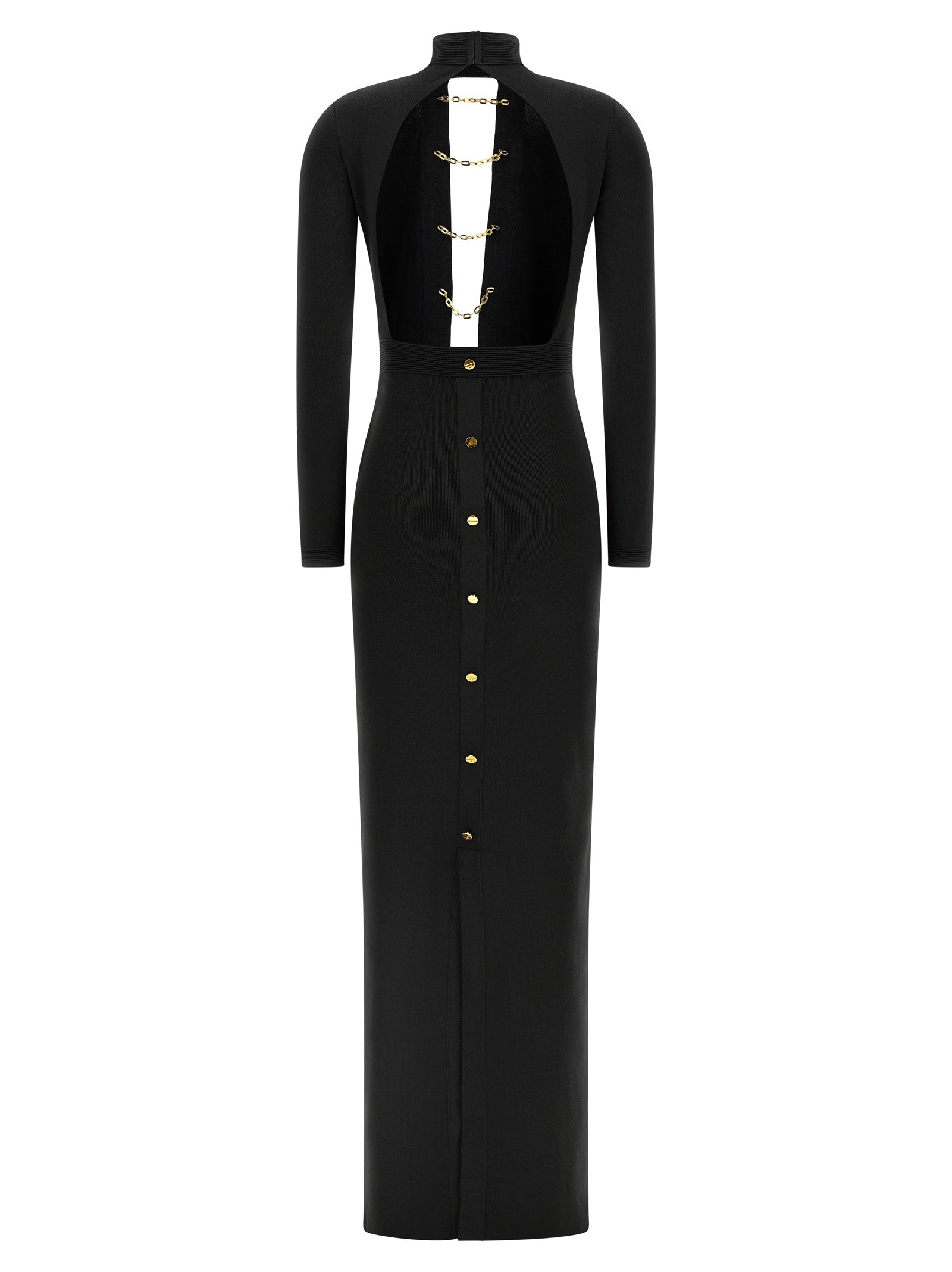 Dress by Elisabetta Franchi for women in viscose & polyamide black & red presents a sinuous silhouette, showcasing a sophisticated split high-neck tube neckline and detailed with a sinuous maxi long for a refined finish.