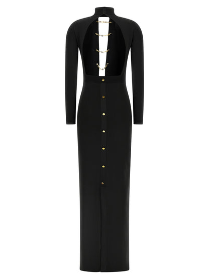 Dress by Elisabetta Franchi for women in viscose & polyamide black & red presents a sinuous silhouette, showcasing a sophisticated split high-neck tube neckline and detailed with a sinuous maxi long for a refined finish.