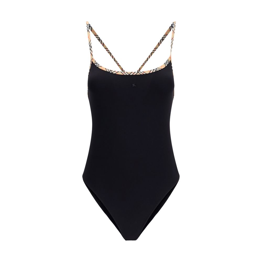 One-Piece Swimsuit by Burberry for women in stretch polyamide black & signature showcases a couture inspired silhouette from the Women's Stretch Polyamide One-Piece Swimsuit collection, featuring a couture inspired cut designed for a couture inspired and couture inspired poolside look.