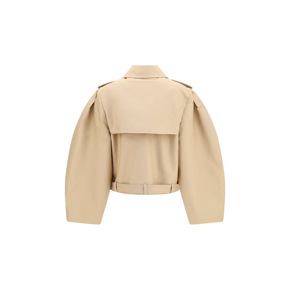 This Ganni women cotton Trench Coat in beige presents a high style silhouette, meticulously detailed with lightweight and a high style for a sophisticated, timeless look.