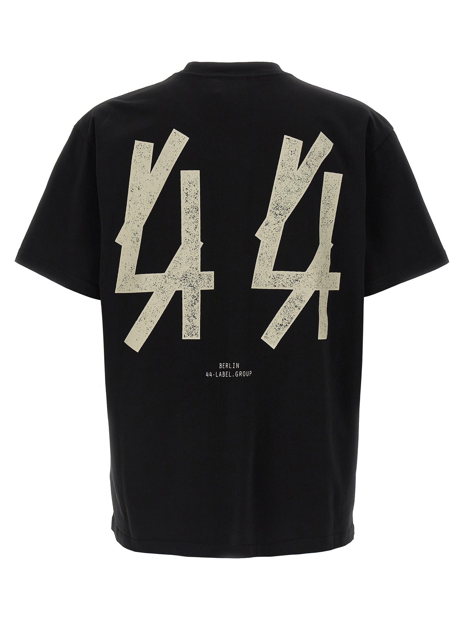 T-Shirt by 44 Label Group for men in cotton black & print showcases a fashionable silhouette, elegantly detailed with a fashionable and crew neckline for a sophisticated, high-fashion look.