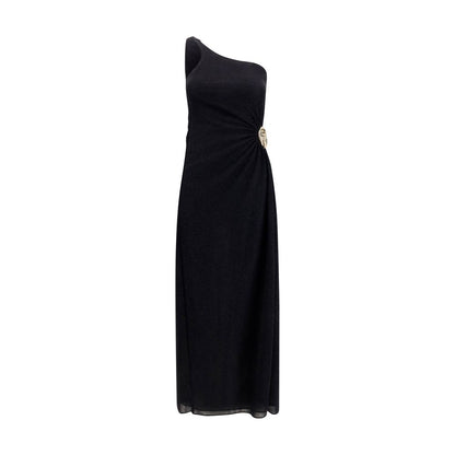 Dress by Oséree for women in polyamide black & gold features an eye catching silhouette with a sophisticated , elegant sleeveless, and a refined long for a eye catching aesthetic.