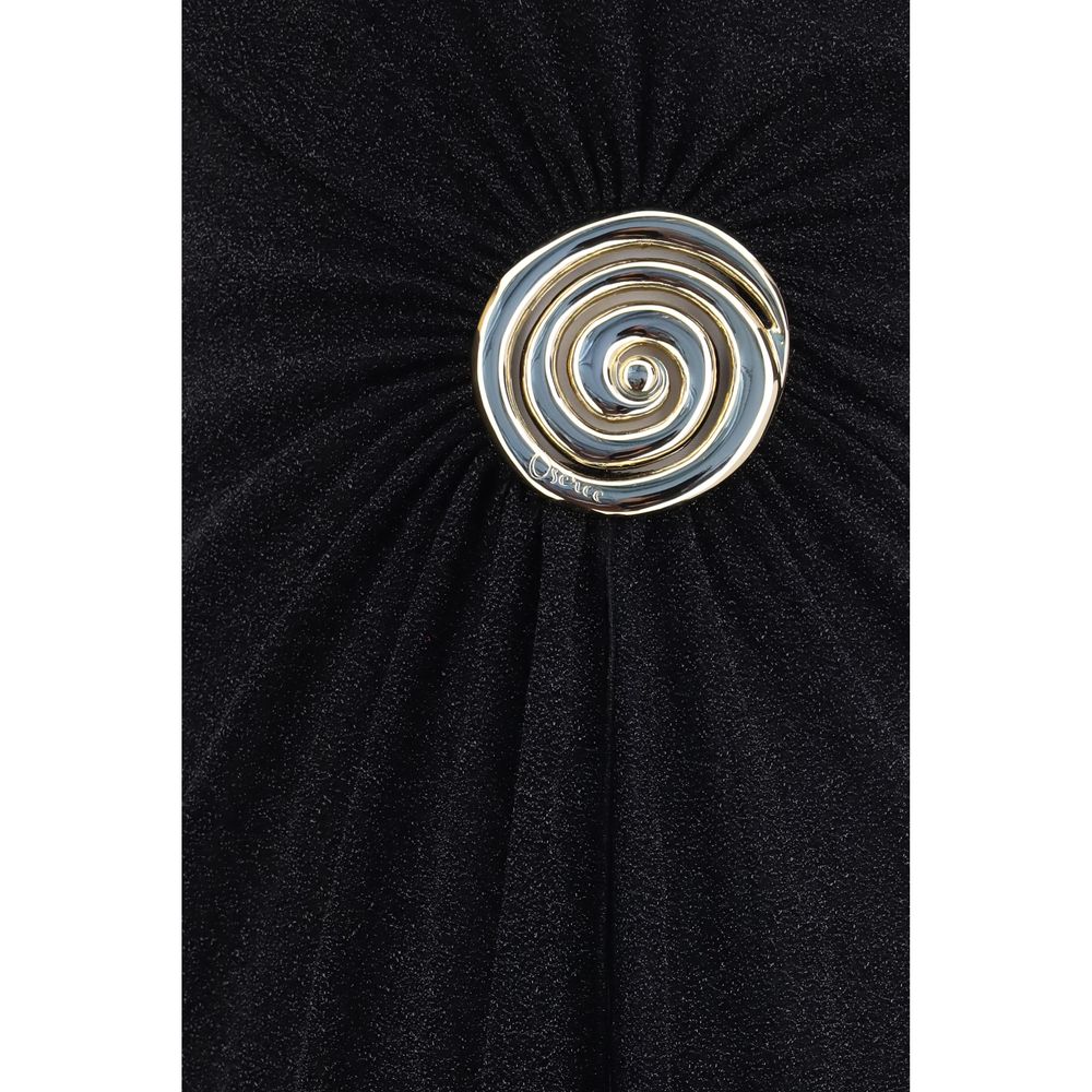 Dress by Oséree for women in polyamide black & gold features a dramatic silhouette, showcasing an elegant and that flows into a dramatic long.