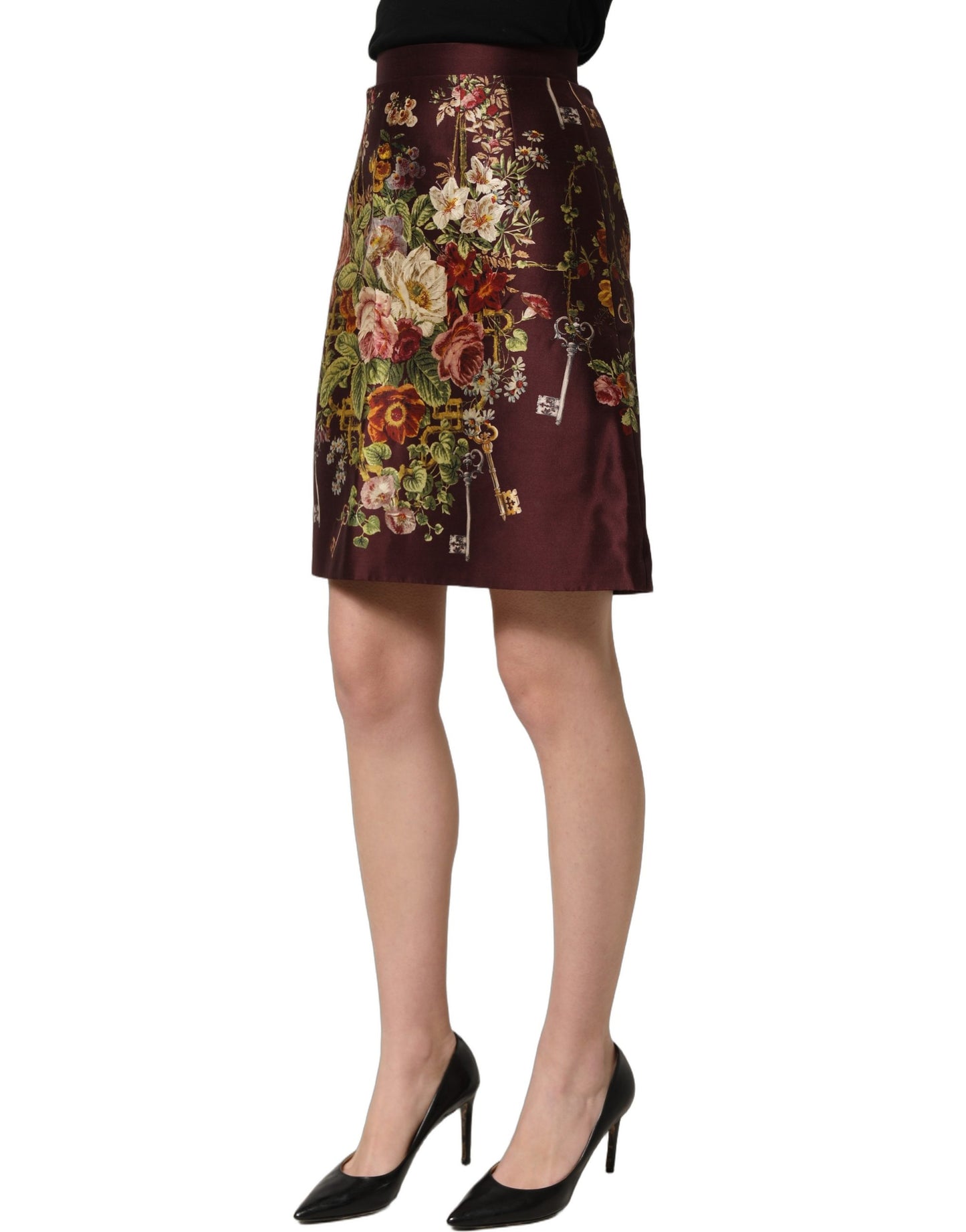 Dolce & Gabbana Burgundy Floral HighWaist A-line Mini Skirt