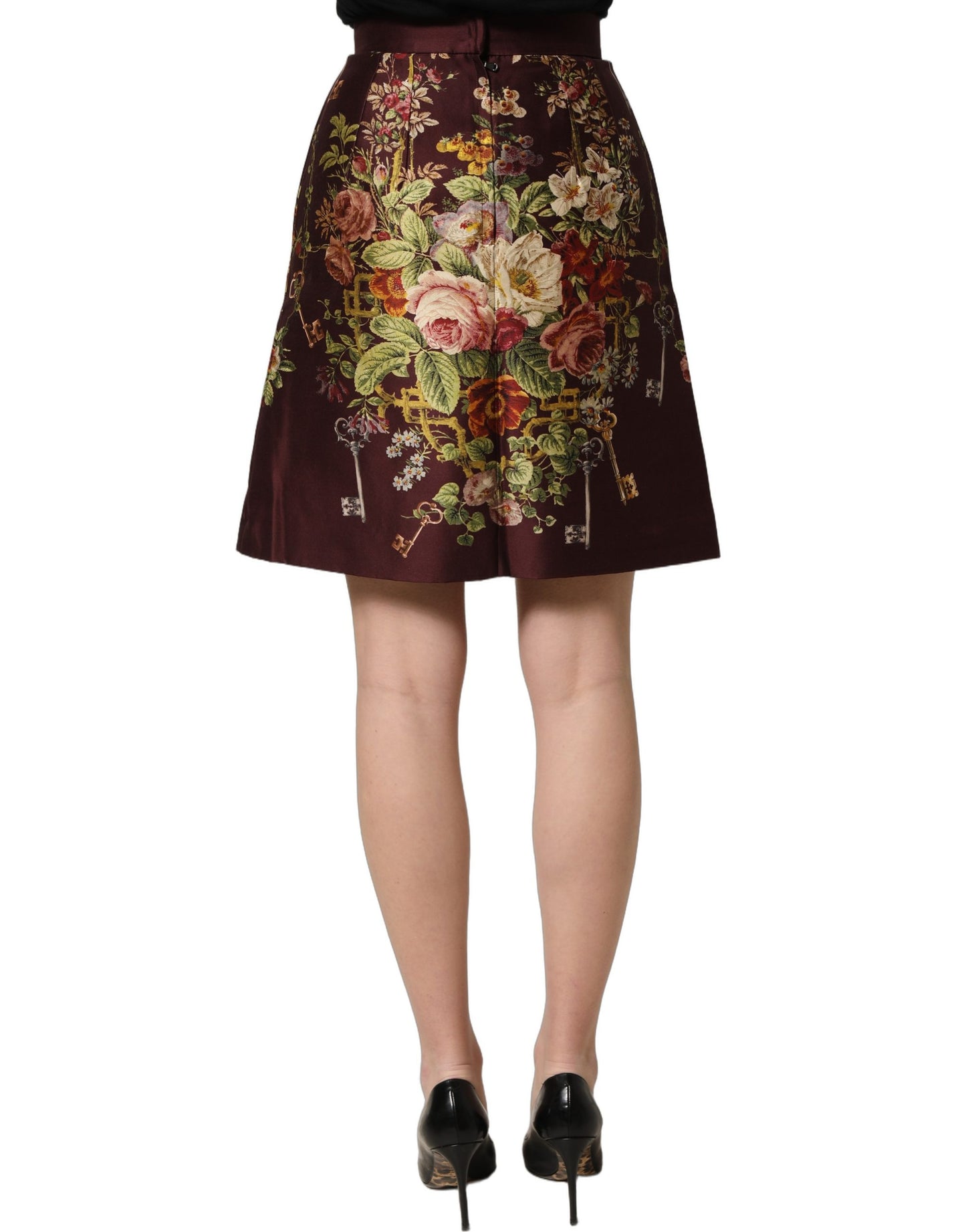 Dolce & Gabbana Burgundy Floral HighWaist A-line Mini Skirt