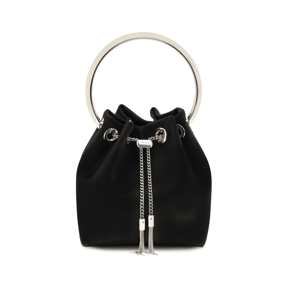 Bucket Shoulder Bag by Jimmy Choo for women in polyurethane & silk black features a effortless chic silhouette with a secure drawstring, ample , and versatile handle for a effortless chic finish.